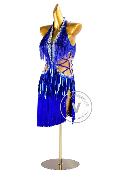 Halter Royal Blue Beading Fringe Latin Rhythm Competition Dance Dress