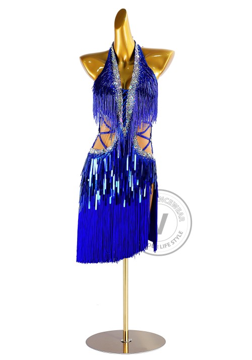 Halter Royal Blue Beading Fringe Latin Rhythm Competition Dance Dress