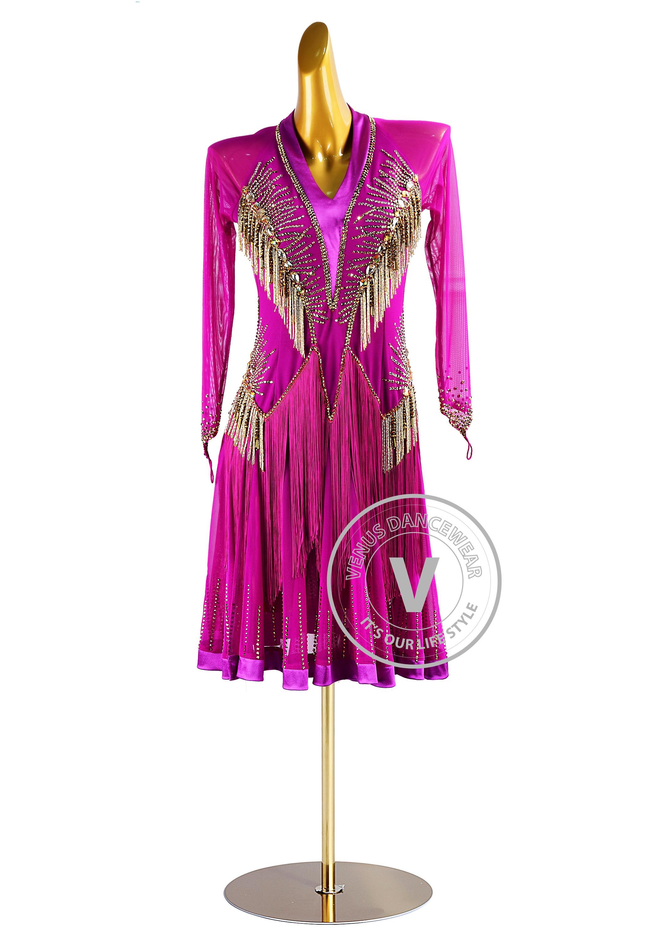 Fuchsia Beading Fringe Latin Rhythm Competition Dance Dress