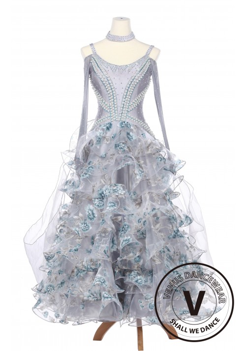 Silver Daffodils Waltz Foxtrot Standard Smooth Competition Ballroom Gown with Pearl
