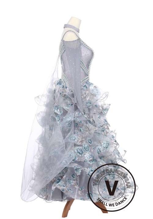 Silver Daffodils Waltz Foxtrot Standard Smooth Competition Ballroom Gown with Pearl