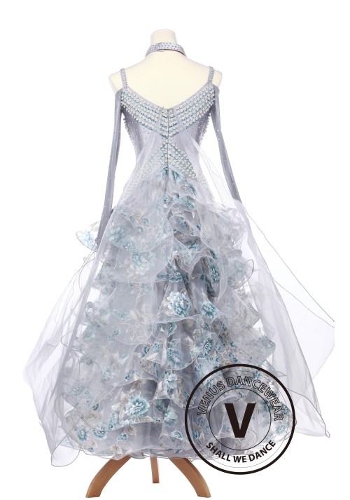 Silver Daffodils Waltz Foxtrot Standard Smooth Competition Ballroom Gown with Pearl