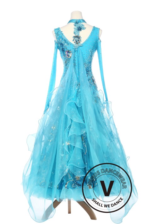 Light Blue Cornflower Smooth Waltz Ballroom Standard Dress Competition