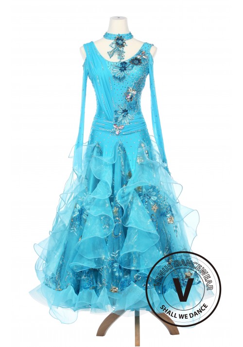 Light Blue Cornflower Smooth Waltz Ballroom Standard Dress Competition
