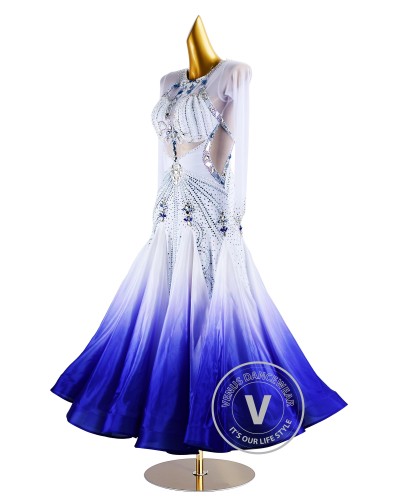 White Shading Blue Skirt Gold to Black Skirt Waltz Smooth Ballroom Dress for Competition Performance