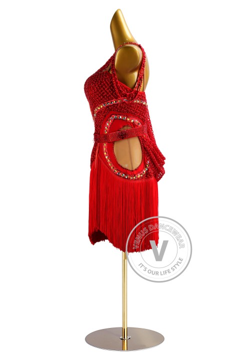 Red Netting and Fringe Rhythm Latin Dress for Dance Competition