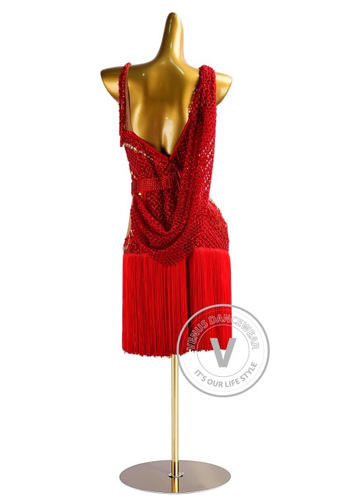 Red Netting and Fringe Rhythm Latin Dress for Dance Competition