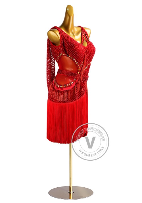 Red Netting and Fringe Rhythm Latin Dress for Dance Competition