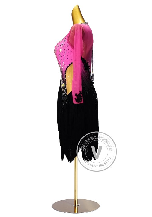 Pink to Black Shading Fringe Rhythm Latin Dress for Dance Competition