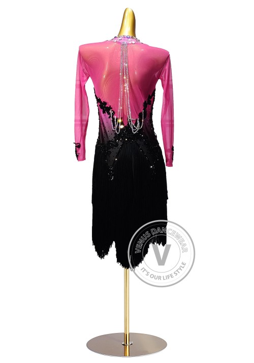 Pink to Black Shading Fringe Rhythm Latin Dress for Dance Competition