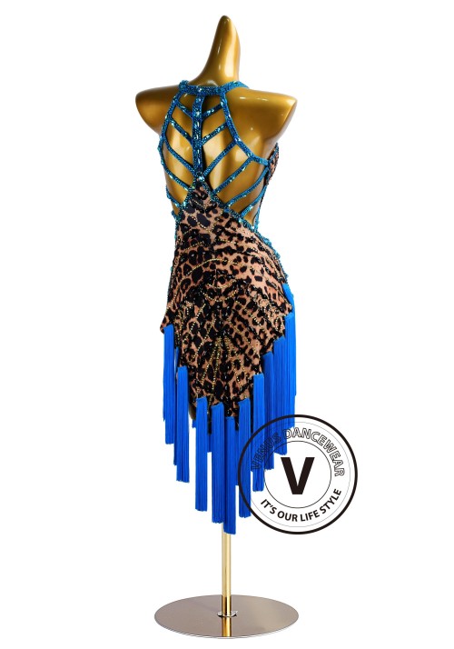 Leopard Print and Blue Tassels Rhythm Latin Dress for Dance Competition