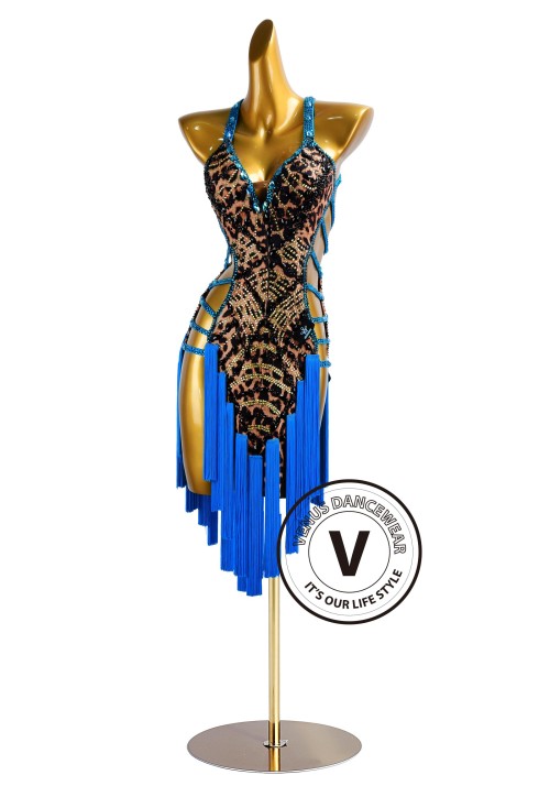 Leopard Print and Blue Tassels Rhythm Latin Dress for Dance Competition