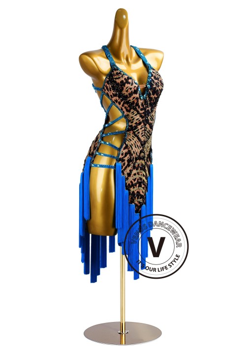 Leopard Print and Blue Tassels Rhythm Latin Dress for Dance Competition