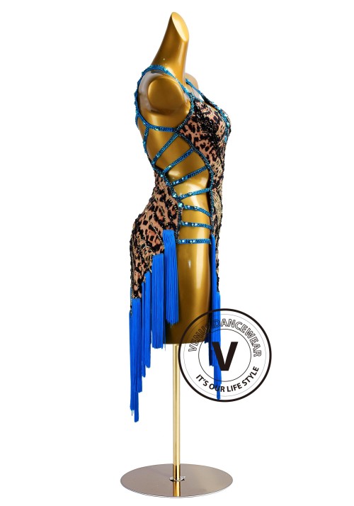 Leopard Print and Blue Tassels Rhythm Latin Dress for Dance Competition