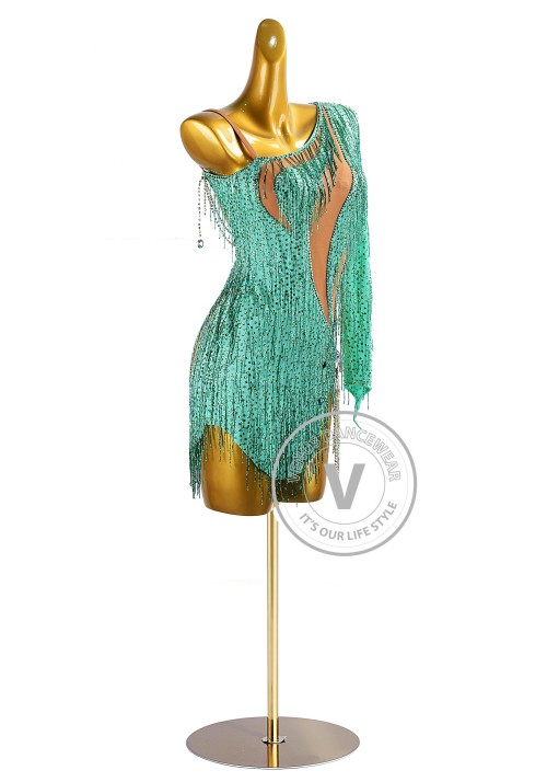 Green Beading Fringe Rhythm Latin Dress for Dance Competition