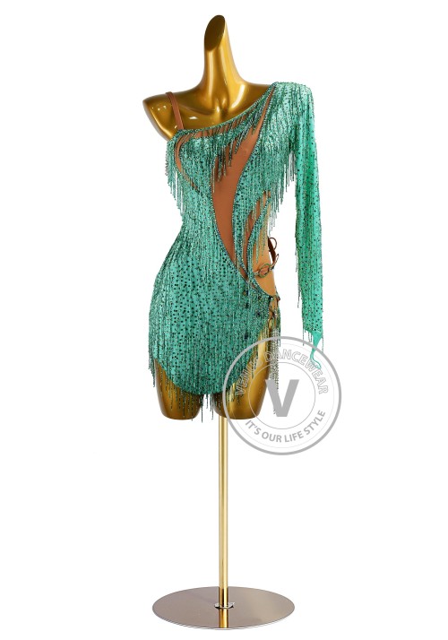 Green Beading Fringe Rhythm Latin Dress for Dance Competition