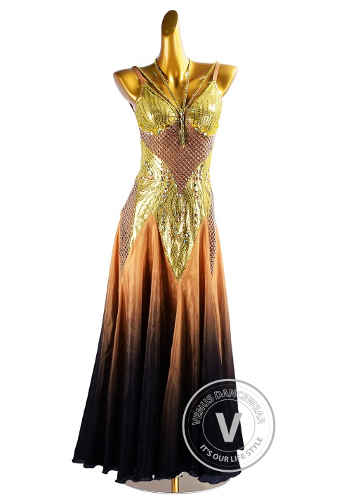 Gold to Black Skirt Waltz Smooth Ballroom Dress for Competition Performance