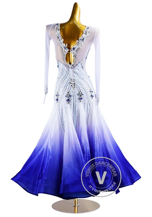 White Shading Blue Skirt Gold to Black Skirt Waltz Smooth Ballroom Dress for Competition Performance