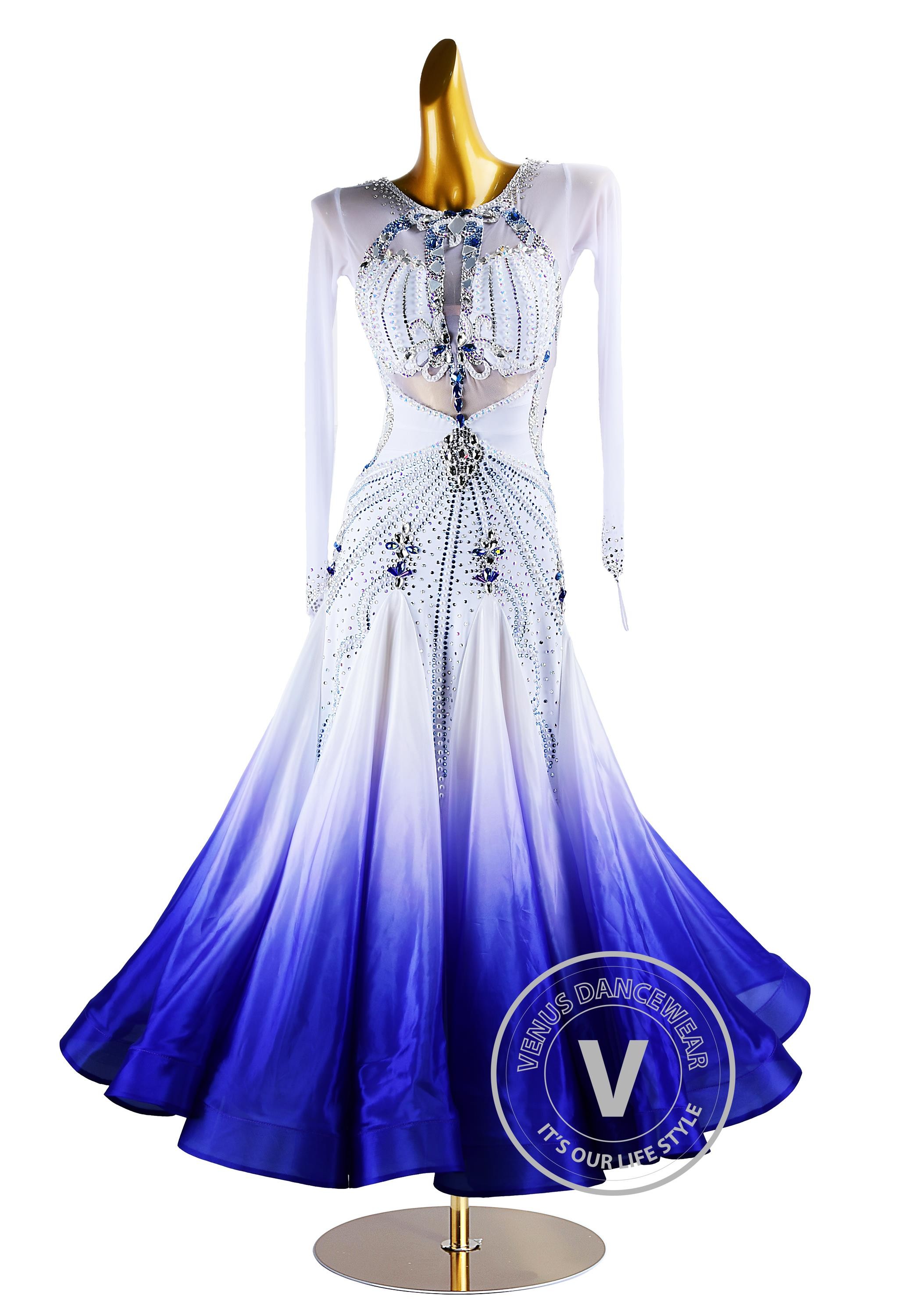 White Shading Blue Skirt Gold to Black Skirt Waltz Smooth Ballroom Dress for Competition Performance