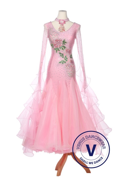 Pink Paeonia Women Ballroom Smooth Waltz Standard Competition Dress