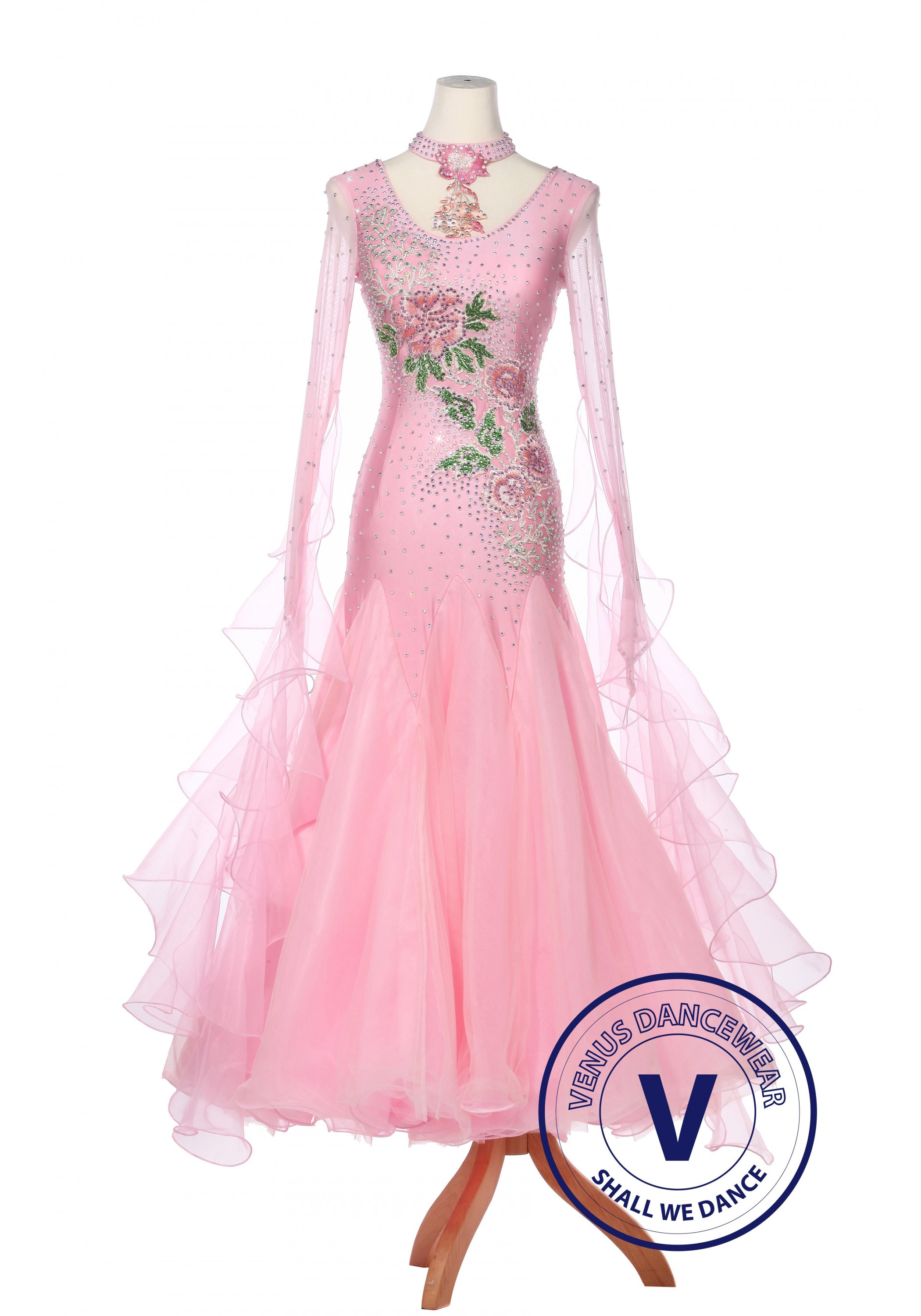 Pink Paeonia Women Ballroom Smooth Waltz Standard Competition Dress