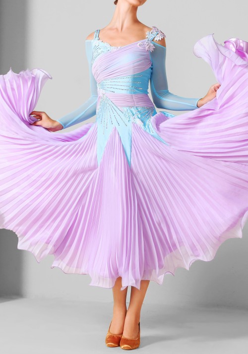 Baby Blue and Lavender Luxury Crepe Chiffon Ballroom Smooth Practice Dance Dress