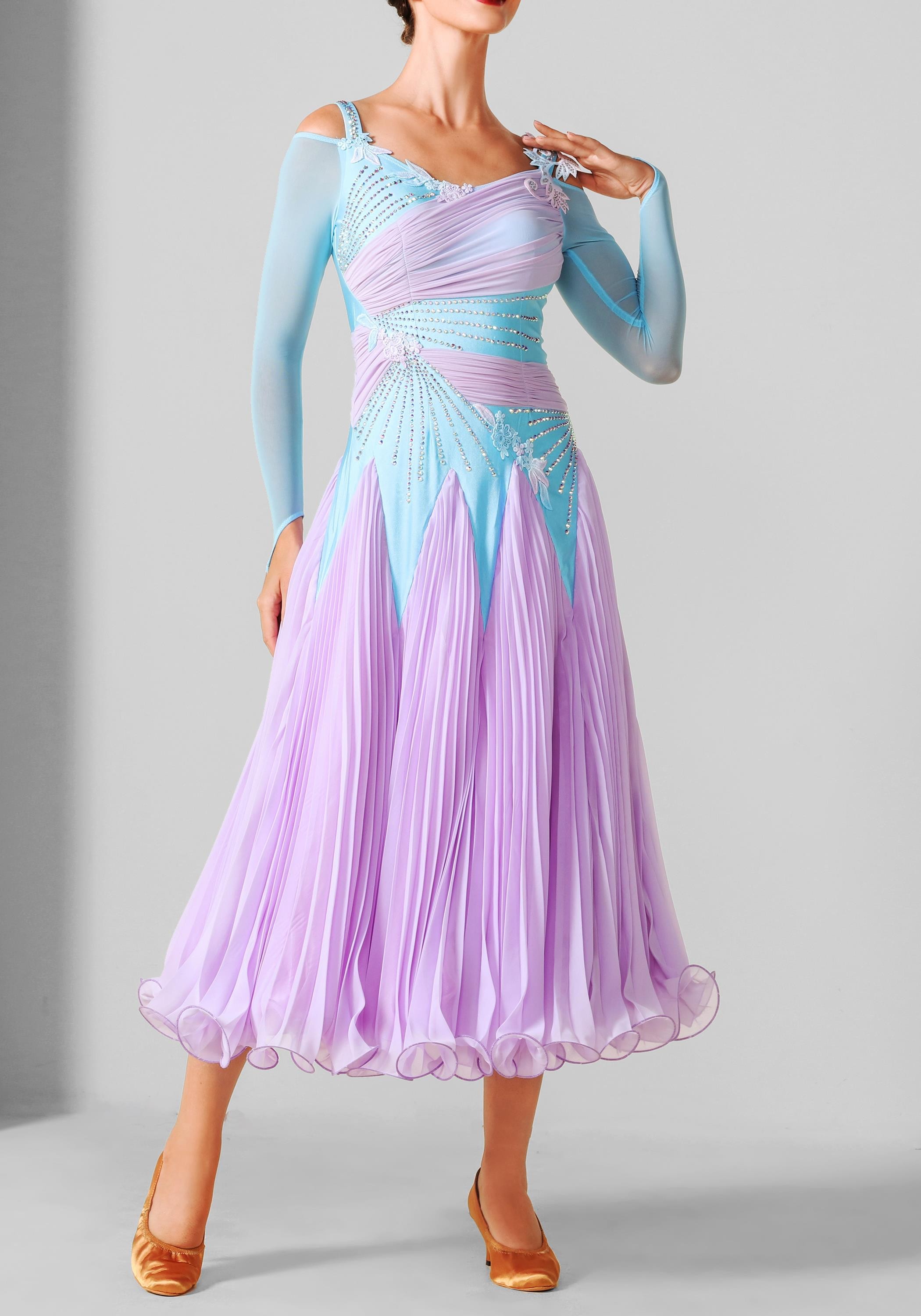 Baby Blue and Lavender Luxury Crepe Chiffon Ballroom Smooth Practice Dance Dress