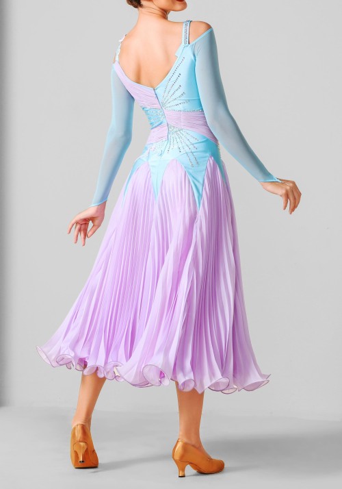 Baby Blue and Lavender Luxury Crepe Chiffon Ballroom Smooth Practice Dance Dress