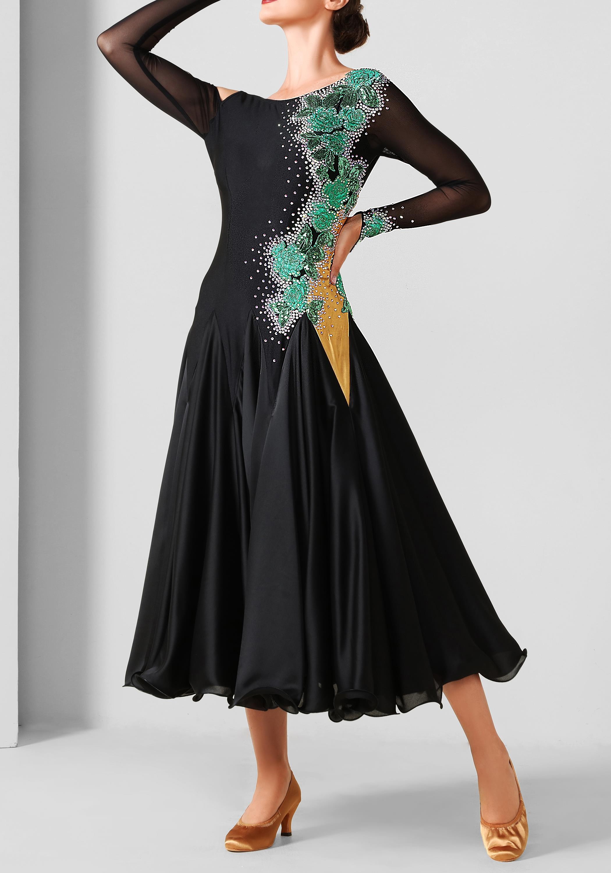 Black & Green Luxury Crepe and Chiffon Ballroom Smooth Practice Dance Dress