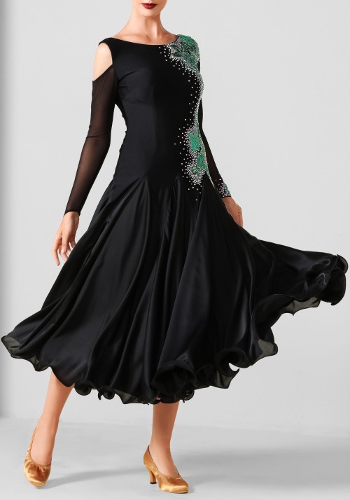 Black & Green Luxury Crepe and Chiffon Ballroom Smooth Practice Dance Dress