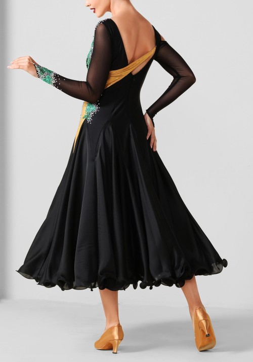 Black & Green Luxury Crepe and Chiffon Ballroom Smooth Practice Dance Dress