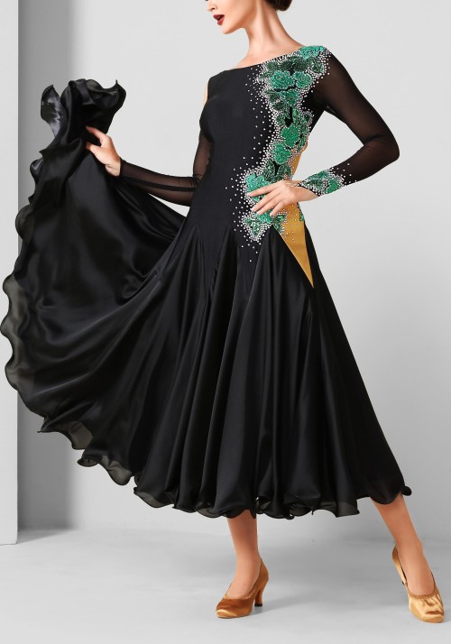 Black & Green Luxury Crepe and Chiffon Ballroom Smooth Practice Dance Dress