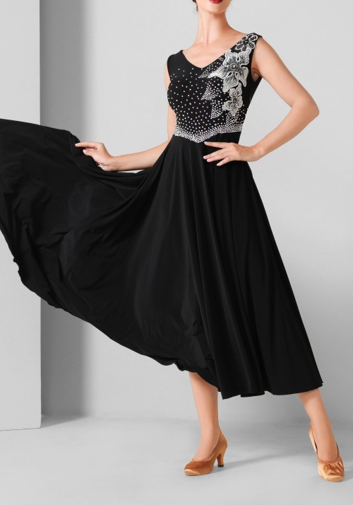 Black and Silver Floral Luxury Crepe Ballroom Smooth Practice Dance Dress