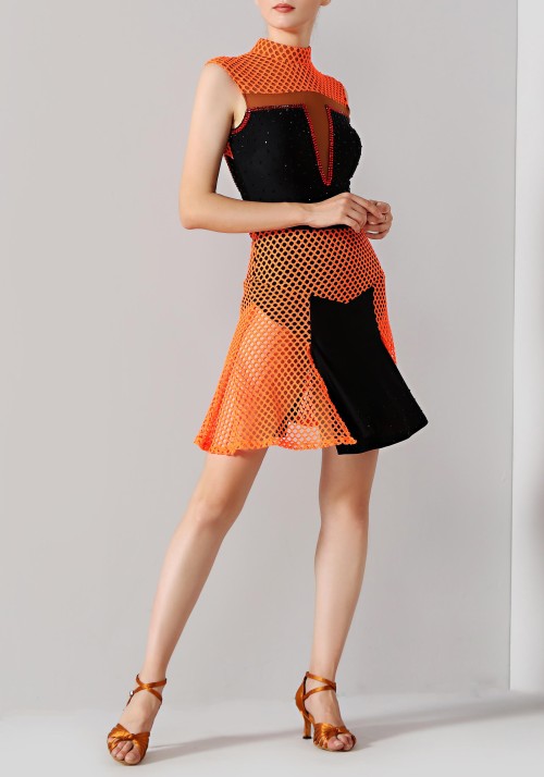 Orange Netting Luxury Crepe Latin Rhythm Practice Dance Dress