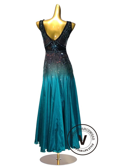 Black to Teal Skirt Waltz Smooth Ballroom Dress for Competition Performance