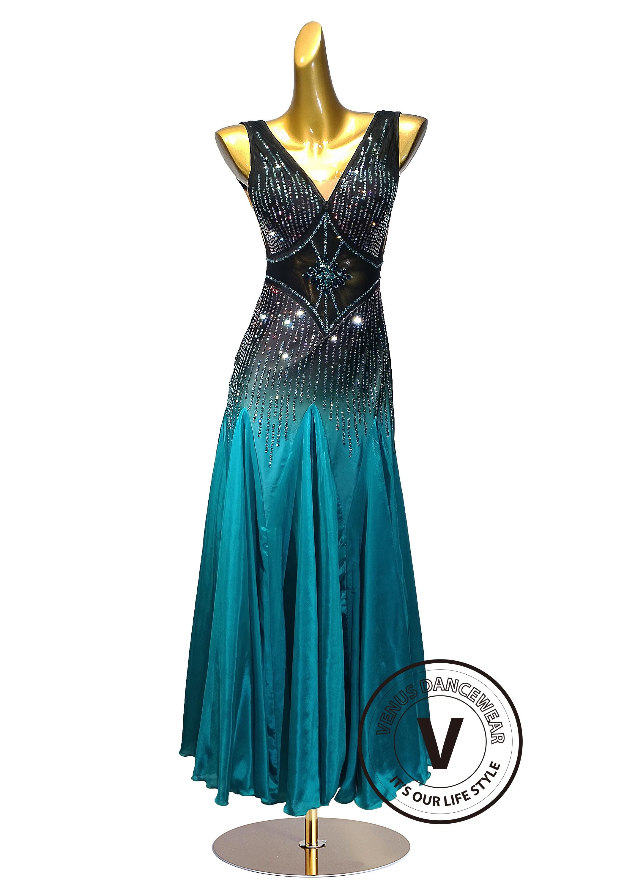 Black to Teal Skirt Waltz Smooth Ballroom Dress for Competition Performance