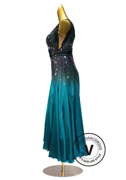 Black to Teal Skirt Waltz Smooth Ballroom Dress for Competition Performance