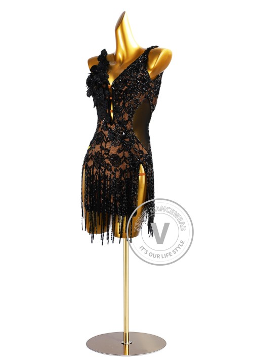 Black Lace Floral Beading Fringe Rhythm Latin Dress for Dance Competition