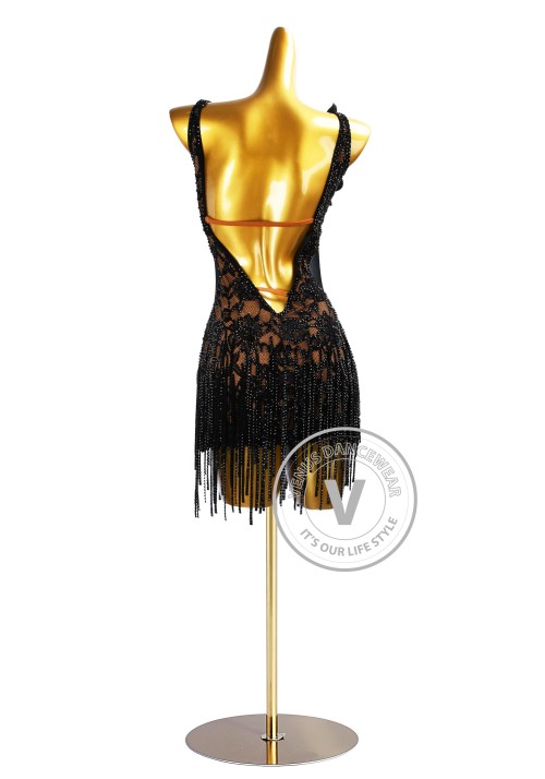 Black Lace Floral Beading Fringe Rhythm Latin Dress for Dance Competition