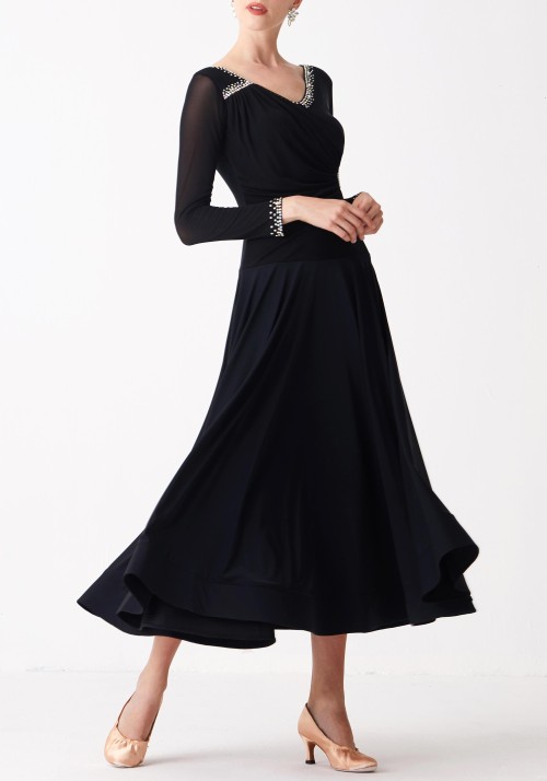 Black Luxury Crepe with Ruched Mesh Ballroom Smooth Practice Dance Dress P0083