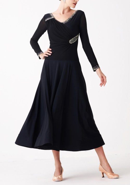 Black Luxury Crepe with Ruched Mesh Ballroom Smooth Practice Dance Dress P0083