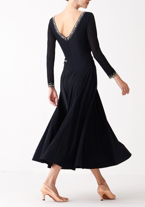 Black Luxury Crepe with Ruched Mesh Ballroom Smooth Practice Dance Dress P0083