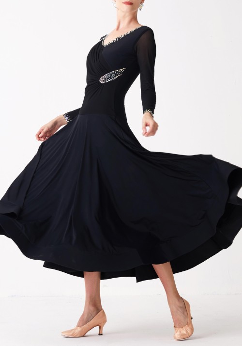 Black Luxury Crepe with Ruched Mesh Ballroom Smooth Practice Dance Dress P0083