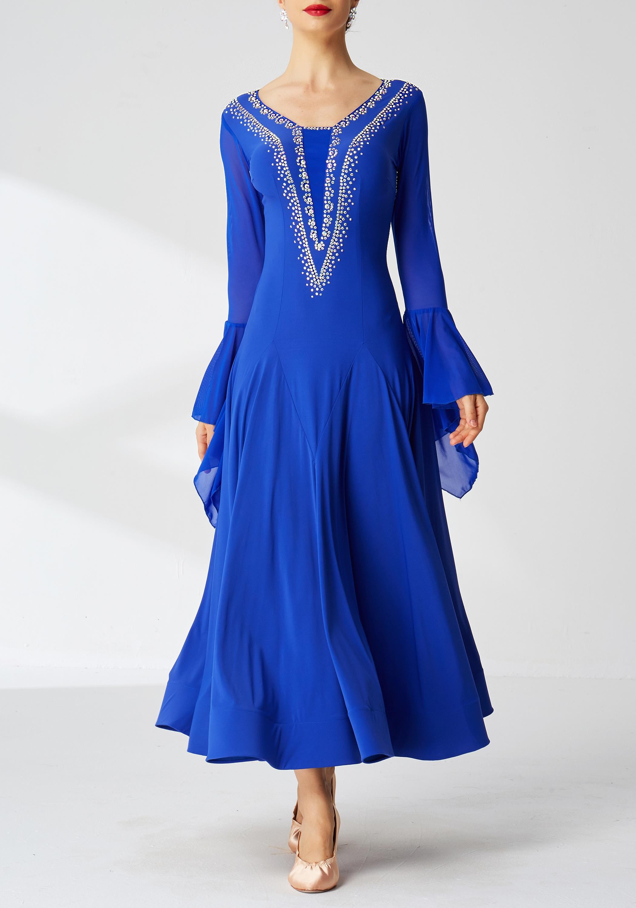 Blue Luxury Crepe with Chiffon Bell-Shape Drop Sleeves Ballroom Smooth Practice Dance Dress