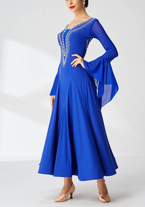 Blue Luxury Crepe with Chiffon Bell-Shape Drop Sleeves Ballroom Smooth Practice Dance Dress