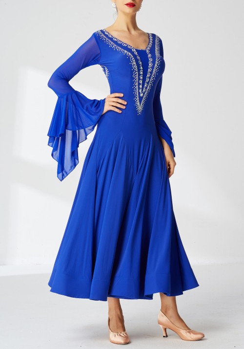 Blue Luxury Crepe with Chiffon Bell-Shape Drop Sleeves Ballroom Smooth Practice Dance Dress