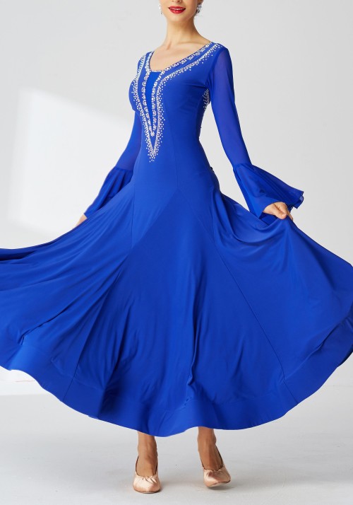 Blue Luxury Crepe with Chiffon Bell-Shape Drop Sleeves Ballroom Smooth Practice Dance Dress