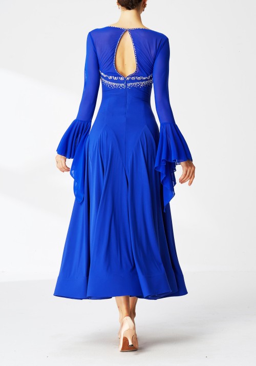 Blue Luxury Crepe with Chiffon Bell-Shape Drop Sleeves Ballroom Smooth Practice Dance Dress