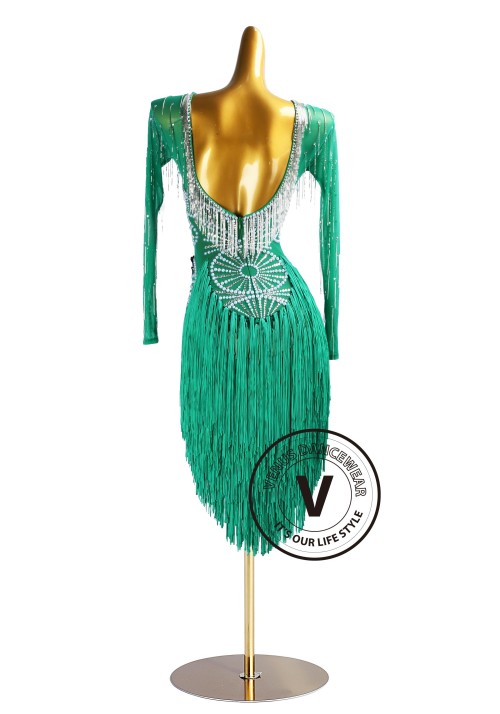 Emerald Pearls Sparkle Rhythm Latin Dress for Dance Competition