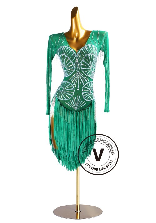 Emerald Pearls Sparkle Rhythm Latin Dress for Dance Competition